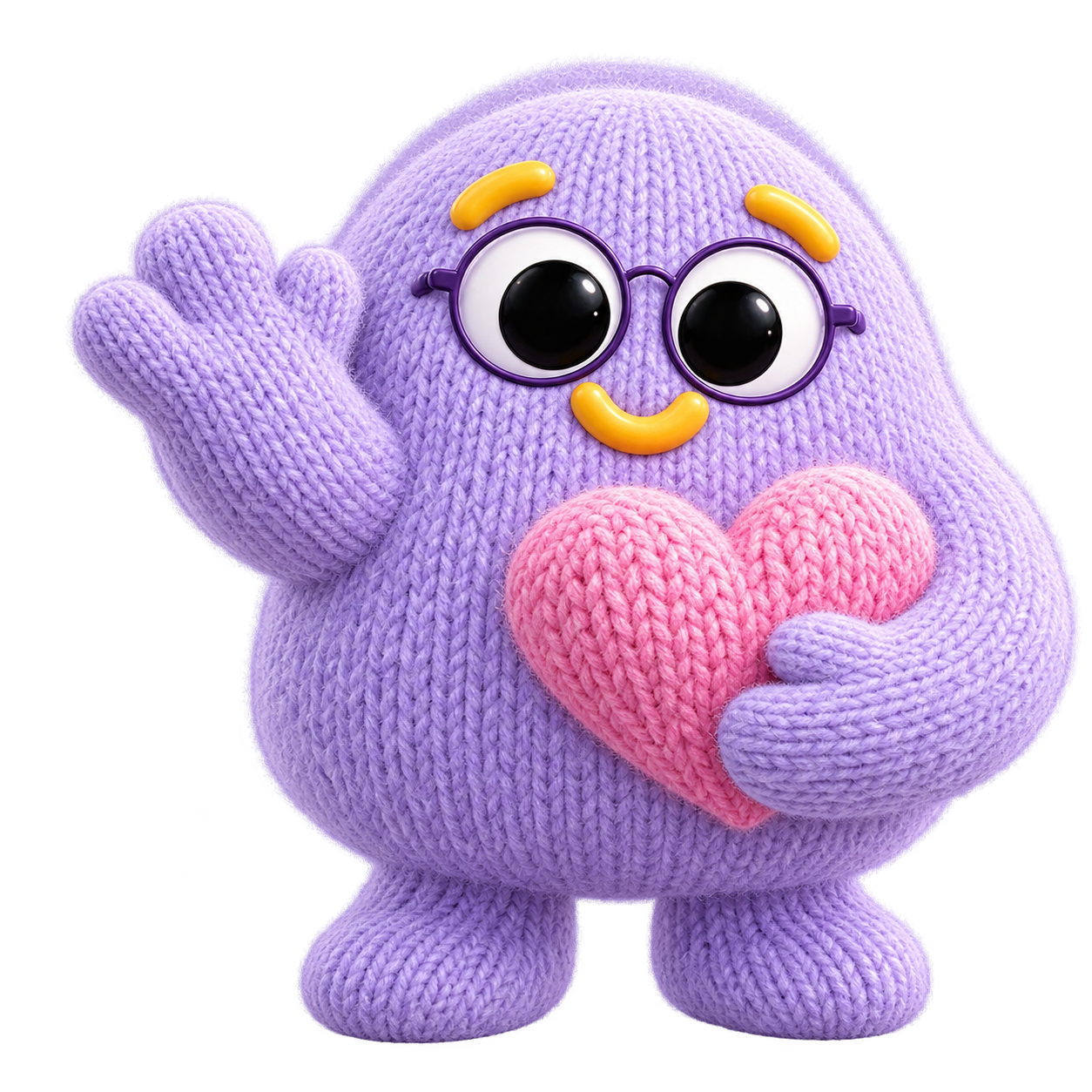 Bublab, your female knitted academy companion, wearing glasses