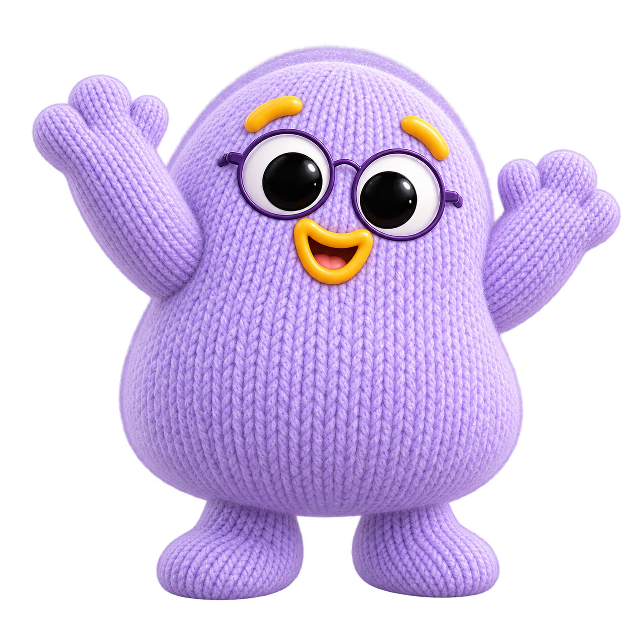 Bublab, your female knitted academy companion, looking celebrate